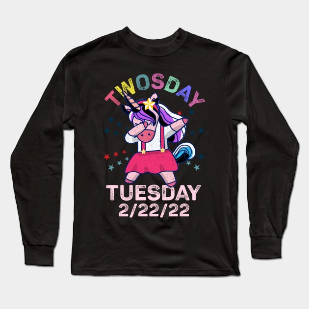 Unicorn Dabbing Tuesday February 22nd Teacher - Happy Twosday 2022 Long Sleeve T-Shirt by alcoshirts